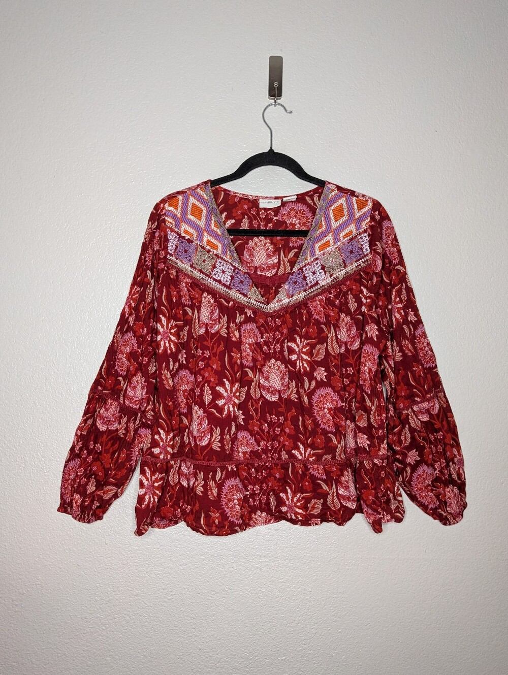 Rachel Zoe Red Boho Floral Embroidered V-Neck Balloon Sleeve Blouse L
